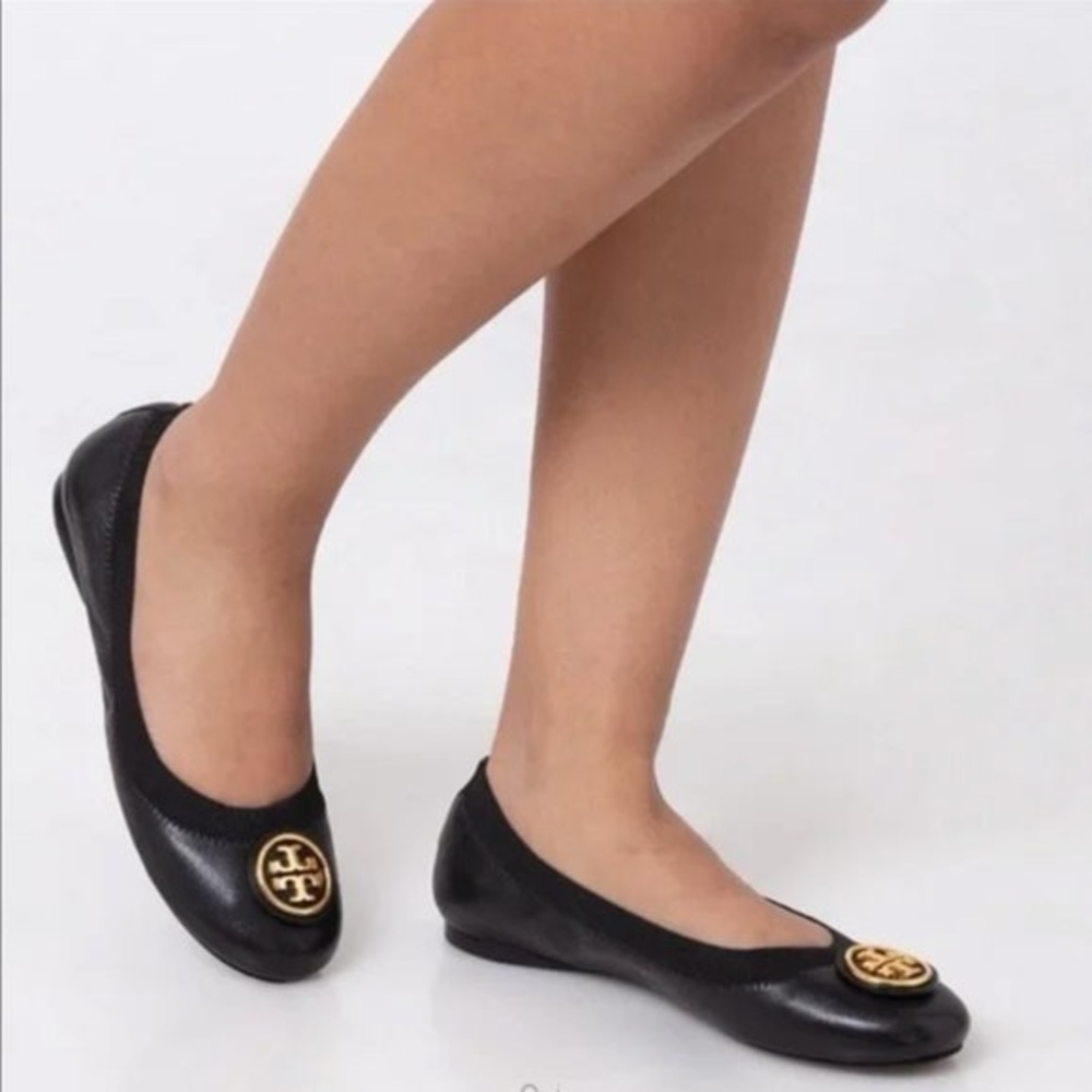 Tory Burch Black Flats with Gold Logo